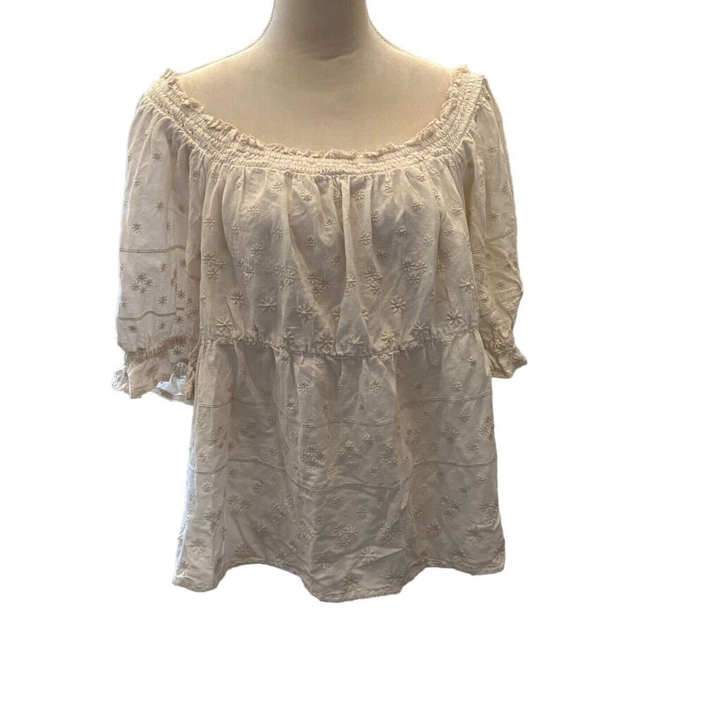 Old Navy Puff Sleeve Smocked Embroidered Babydoll Blouse Size Large Cream